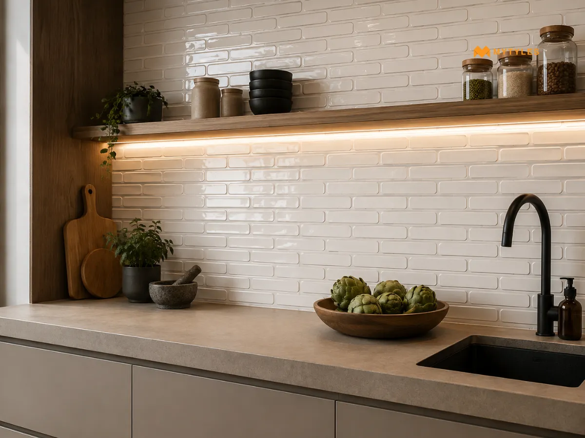 Matt Vitrified Countertops with a Glossy Tile Backsplash